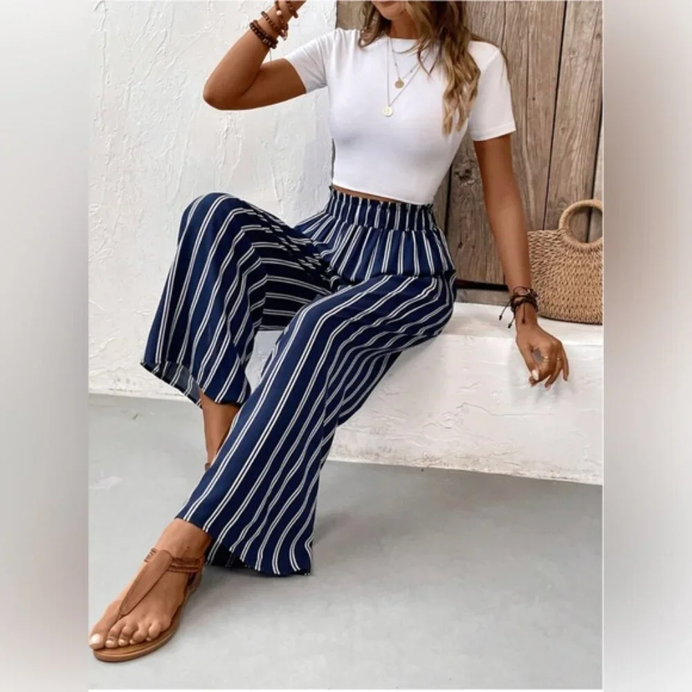 Striped Wide Leg Pants Blue